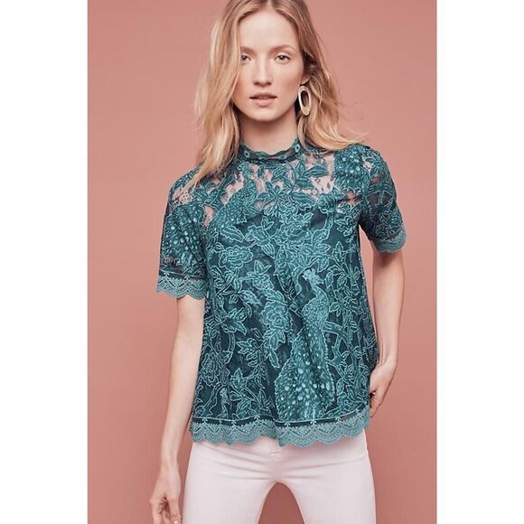 Anthropologie HD in Paris Green lace meadow short sleeve blouse size US 4 - Picture 1 of 7